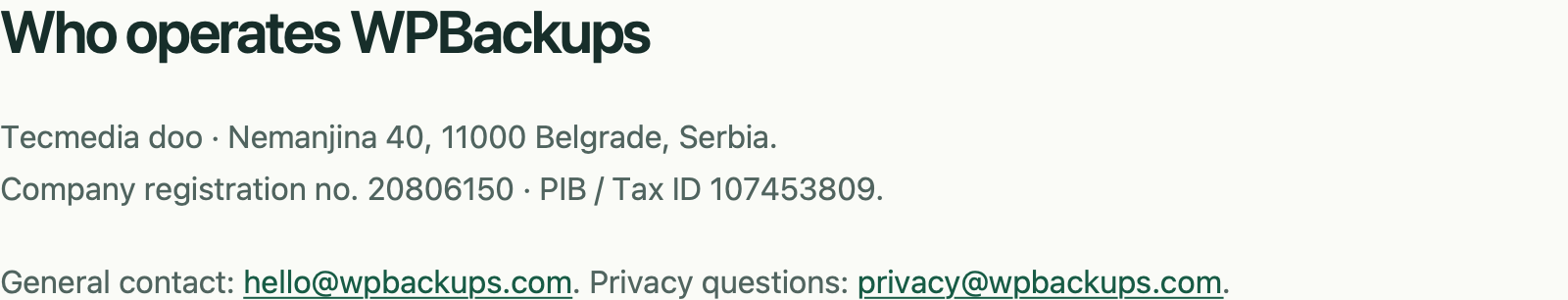 WPBackups operator information