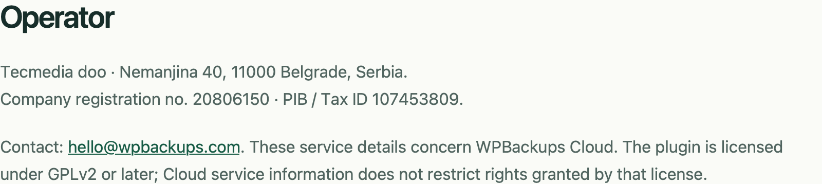 WPBackups operator information